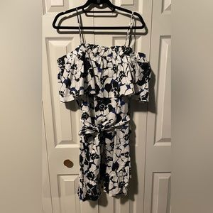 White black and blue off the shoulder dress.